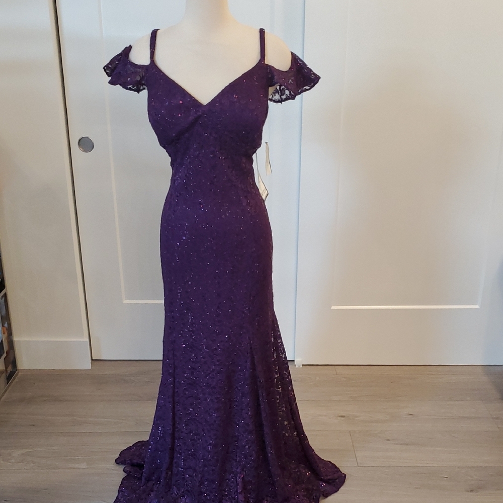 R&M Richards Purple Lace Sequined Maxi Gown
